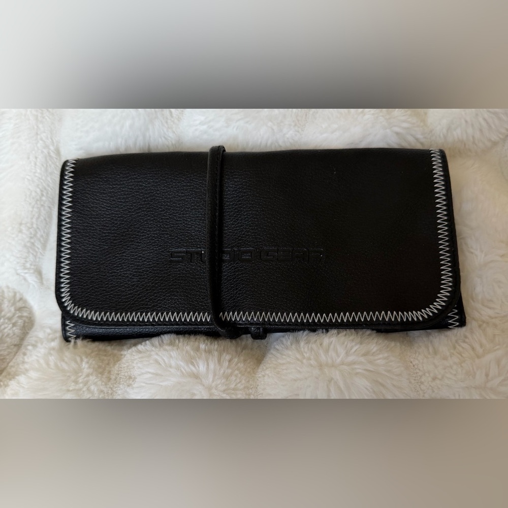 Studio Gear Black Faux Leather Travel Brush Bag with white stitching